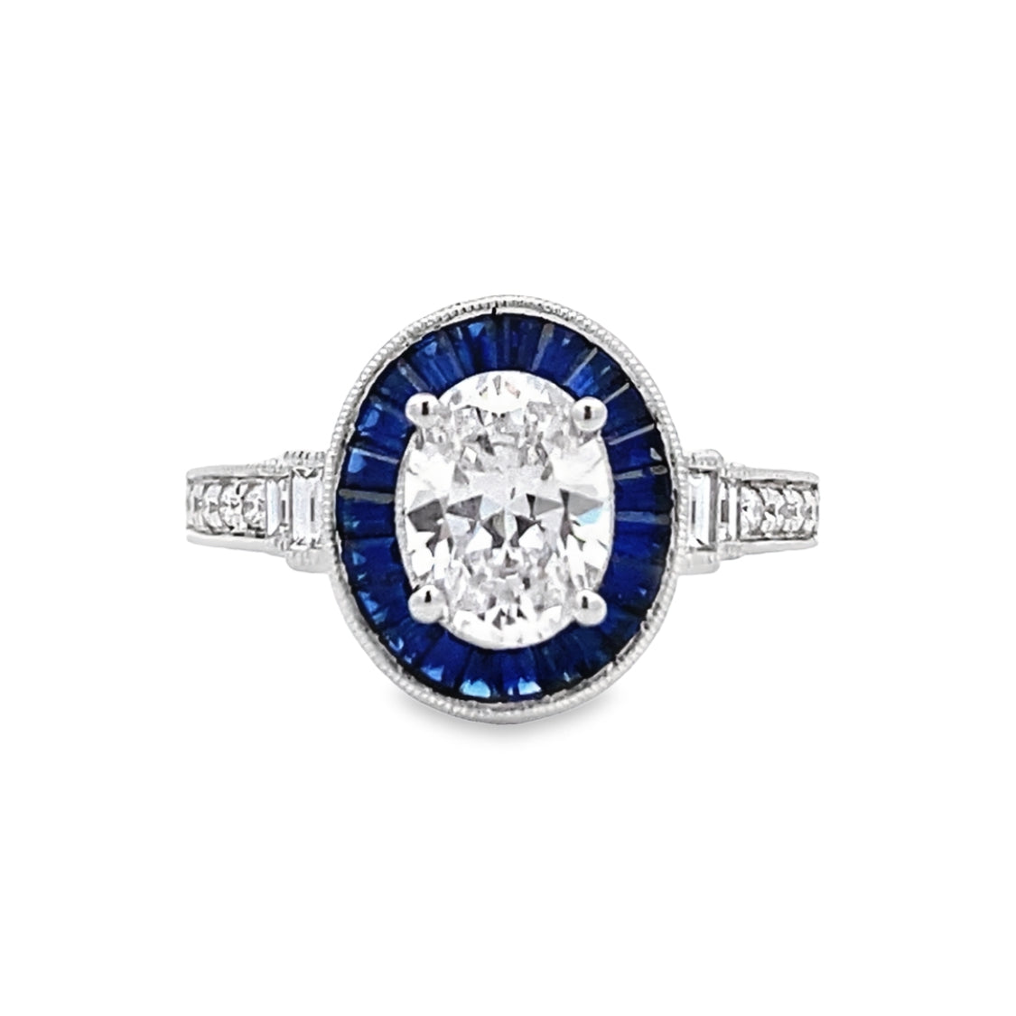 Oval Diamond Sapphire Halo Engagement Ring in White Gold by Simon G