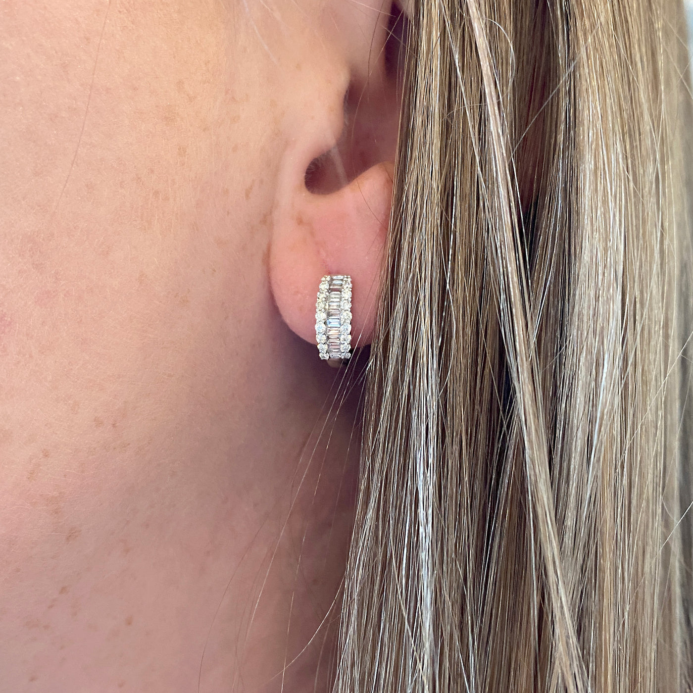 Baguette and Round Diamond Hoops in White Gold