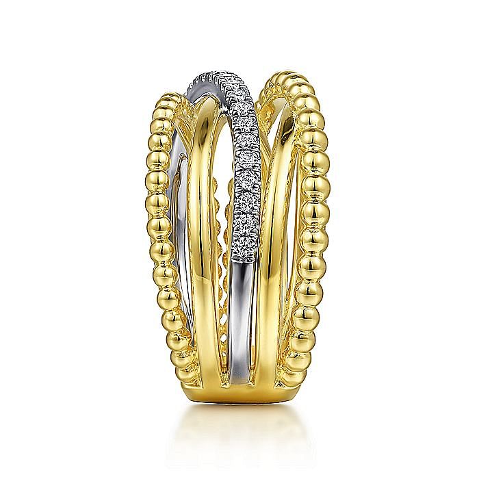 Wide Diamond Bujukan Cross Over Ring in Yellow Gold by Gabriel & Co.