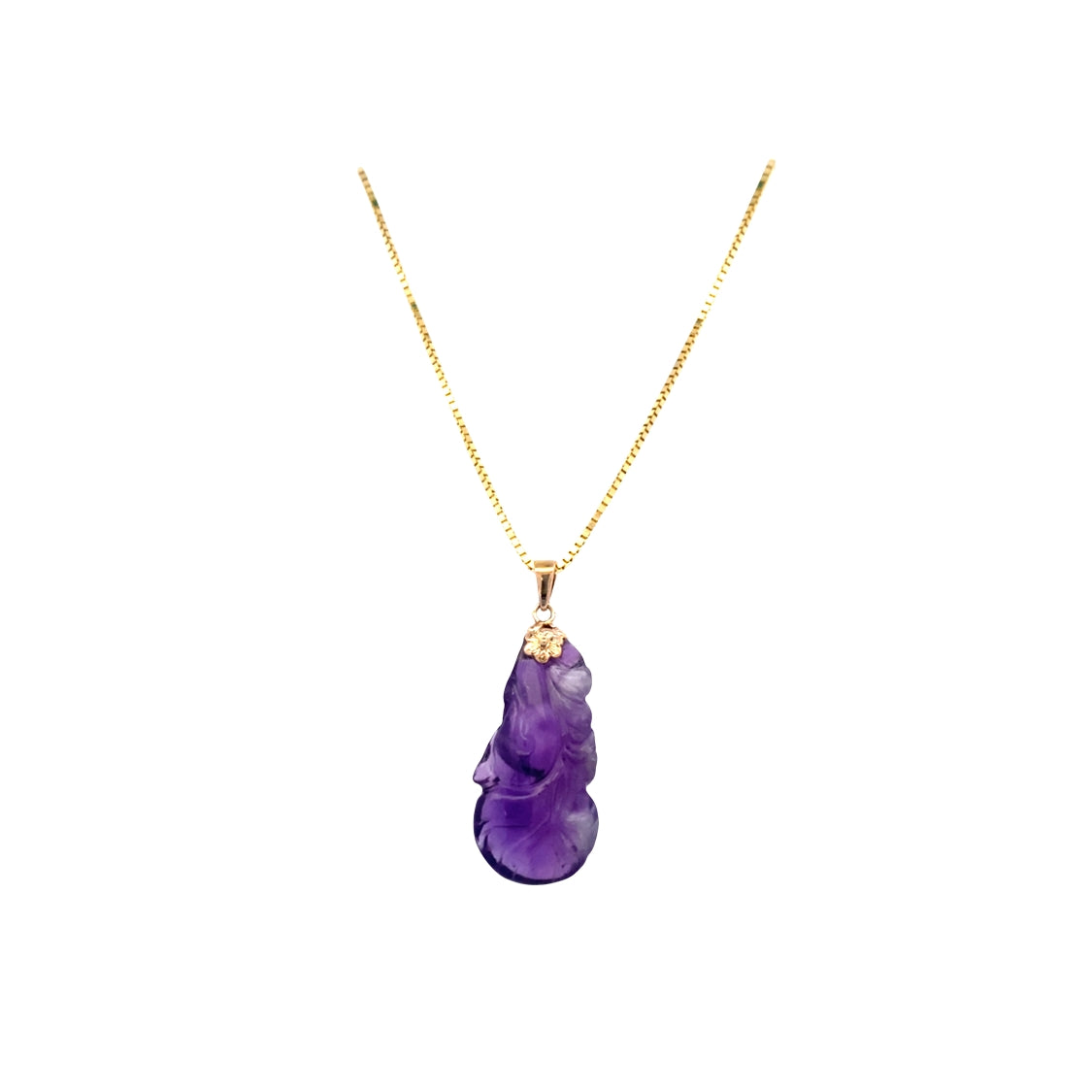 Estate 14K Yellow Gold Carved Amethyst Peacock Pendant – 18