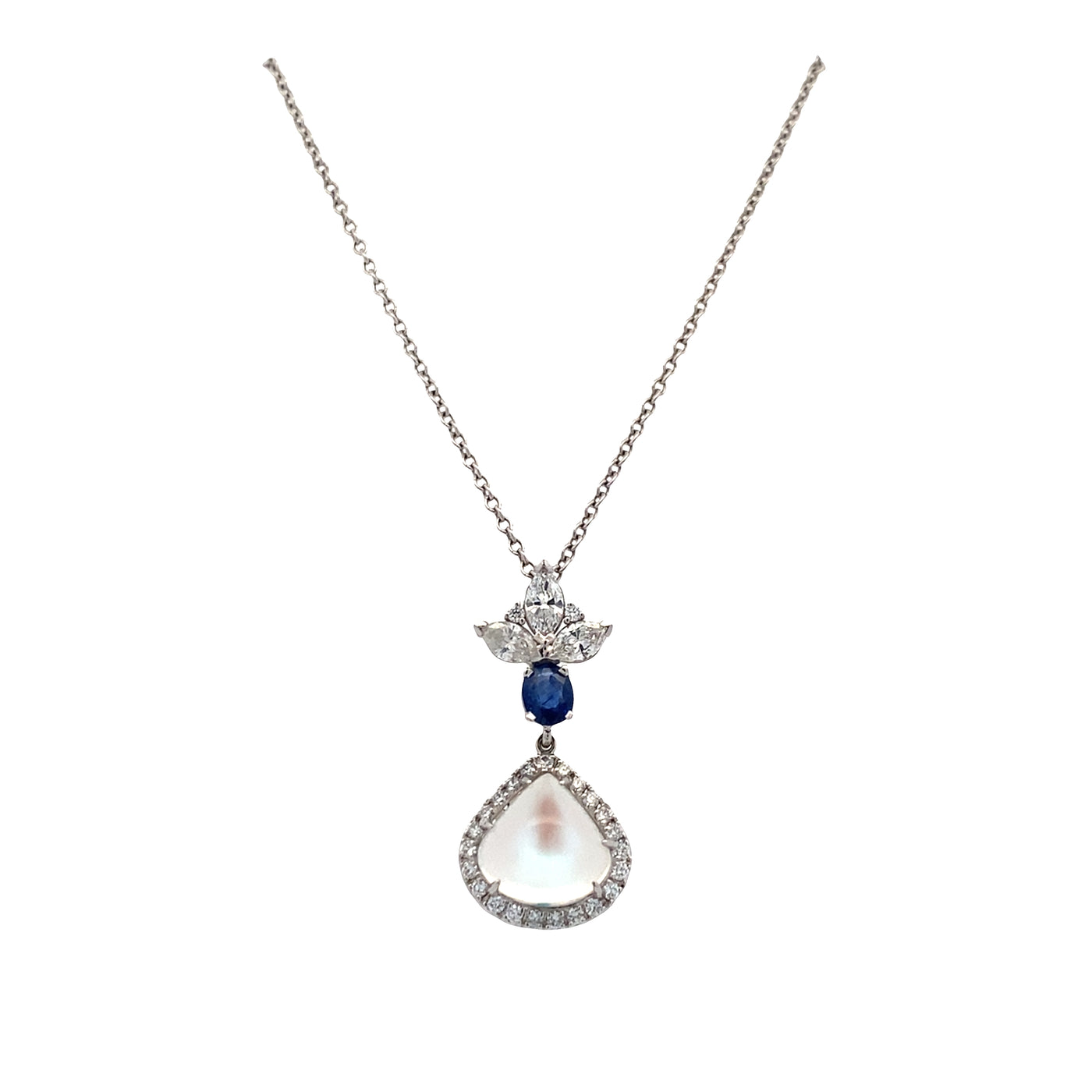 Moonstone, Sapphire and Diamond Pendant in White Gold by B&C