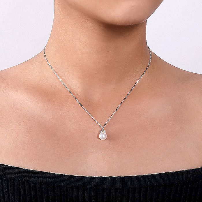 Drop Pearl and Diamond Necklace in White Gold by Gabriel & Co.