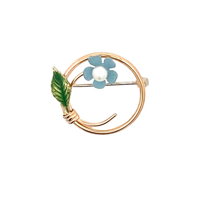 ESTATE Krementz Enamel and Pearl Flower Pin in Yellowo Gold