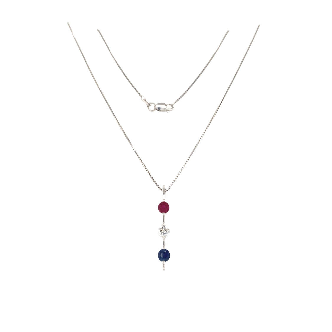 ESTATE Ruby, Diamond, and Sapphire Pendant in White Gold
