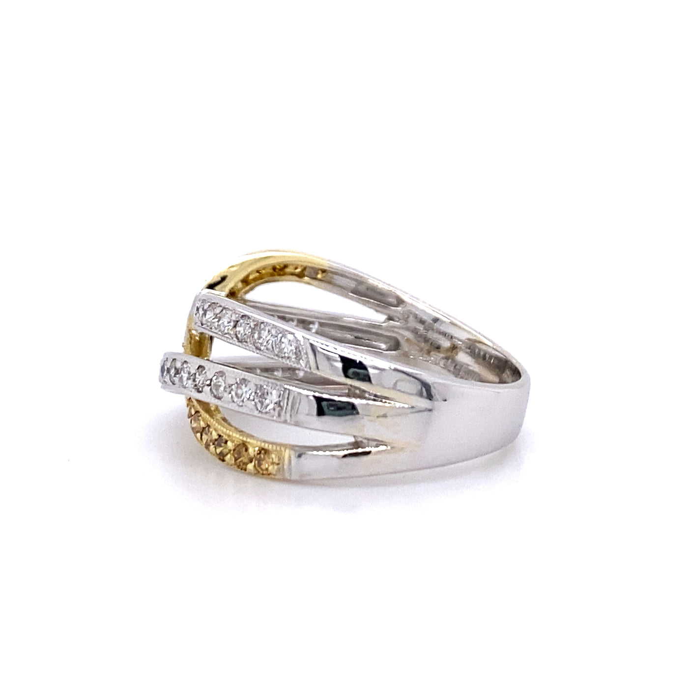 Estate Simon G Fancy Yellow and White Diamond Twist Ring in Two-Tone Gold