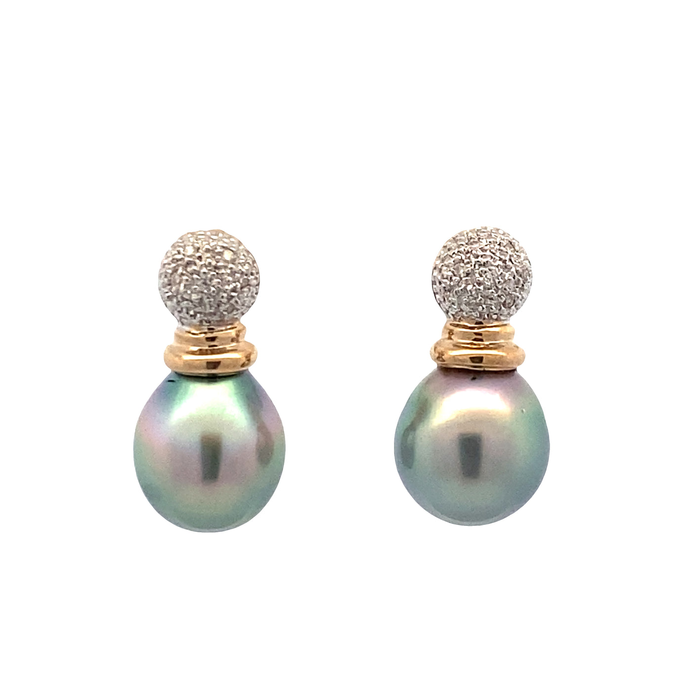 ESTATE Tahitian Pearl and Diamond Earrings in Yellow Gold