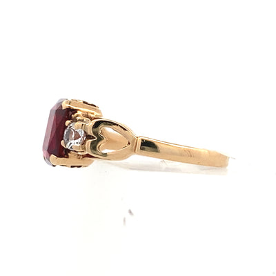 Estate Synthetic Ruby and White Spinel Ring in Yellow Gold