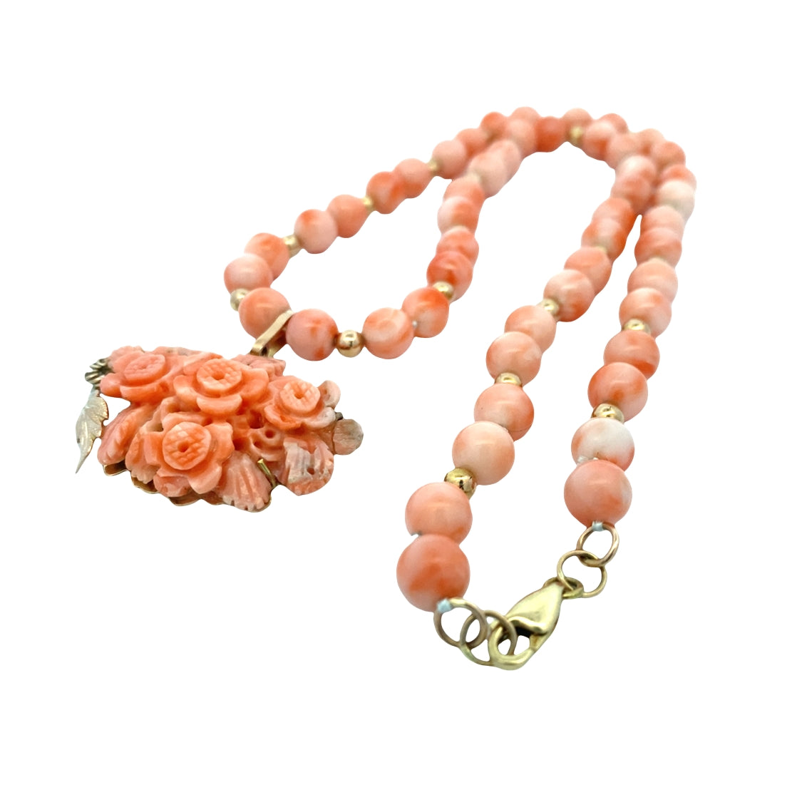 ESTATE Coral Bead Necklace with Floral Enhancer in Yellow Gold