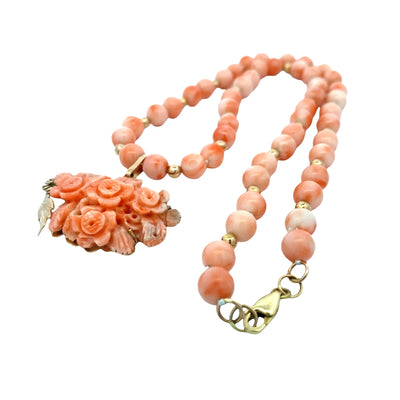 ESTATE Coral Bead Necklace with Floral Enhancer in Yellow Gold