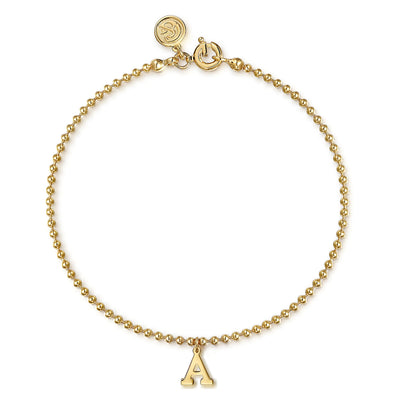 7" Initial "A" Beaded Chain Bracelet in Yellow Gold by Gabriel & Co.