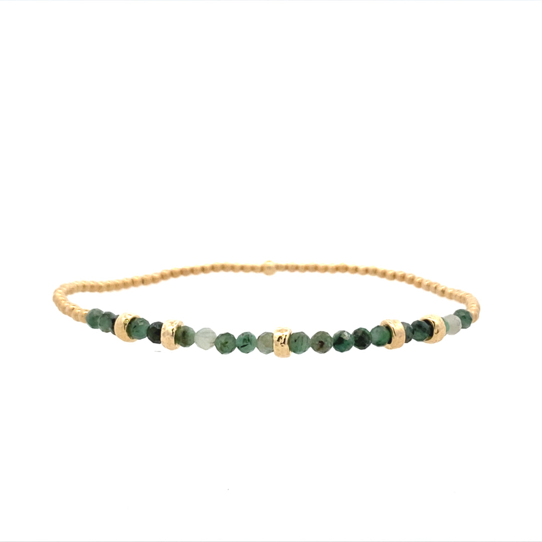 2mm Emerald and Rondelle Stretch Bracelet in Silver with Yellow Gold Plating by Karen Lazar