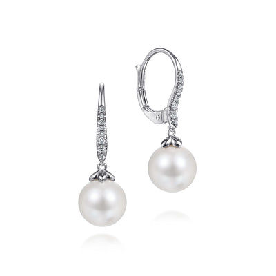 Diamond & Pearl Drop Earrings in White Gold by Gabriel & Co.