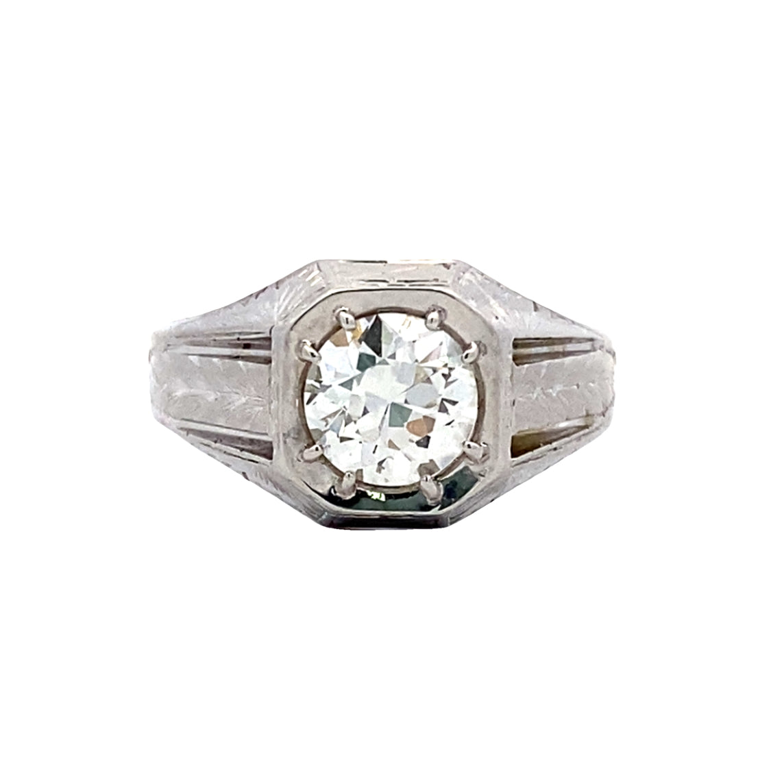 Estate 1 1/2 Carat Old European Diamond Gents Ring in White Gold