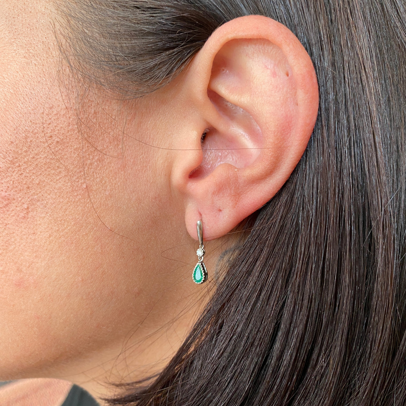 ESTATE Emerald and Diamond Drop Studs in White Gold
