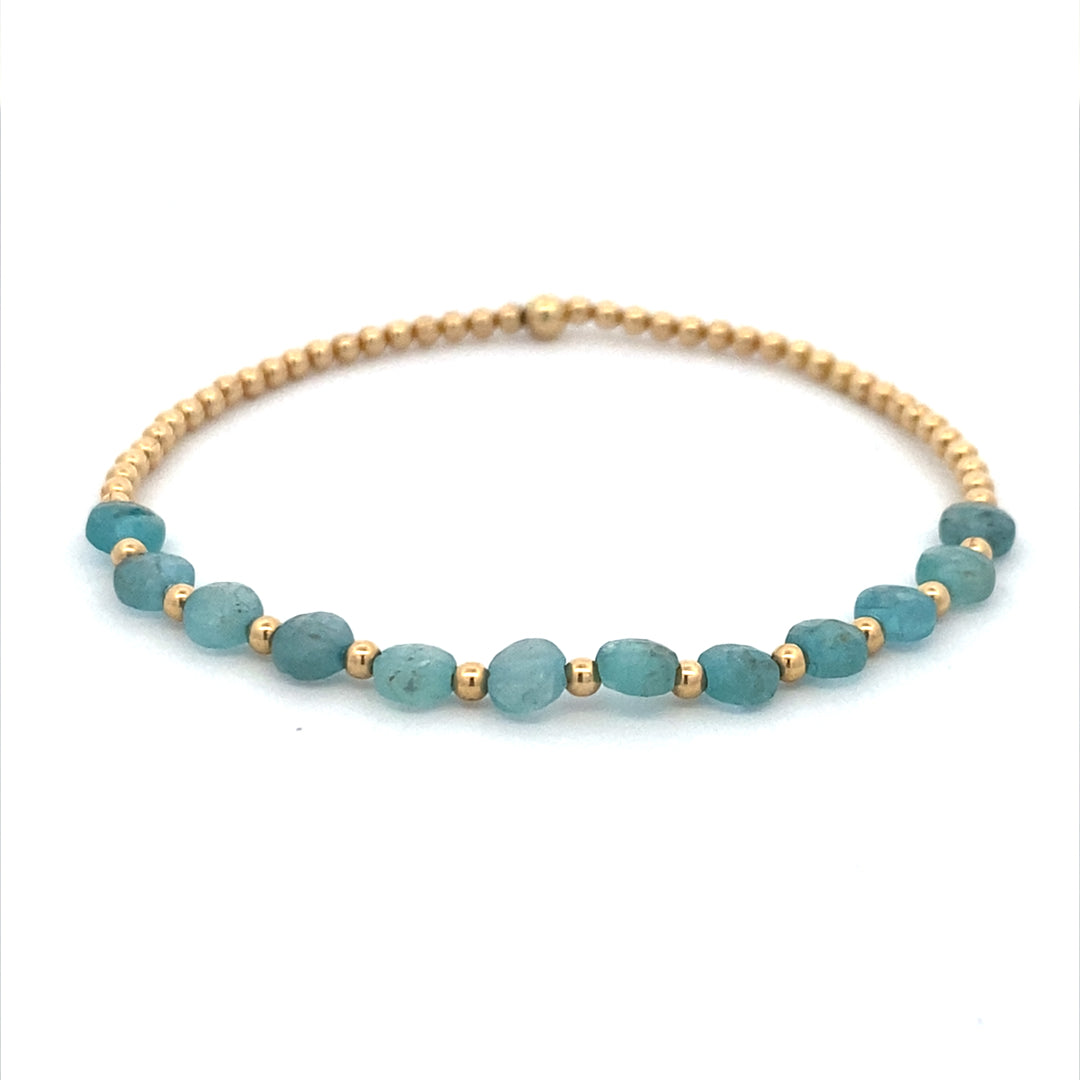 Karen Lazar Stretch 2mm Apatite Coin and Yellow Gold FIlled Beaded Bracelet Size 7