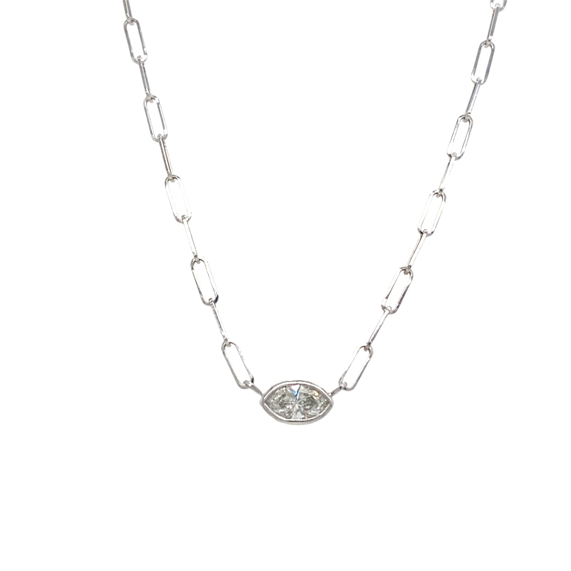 Marquise Shape Diamond Solitaire Necklace with Paperclip Chain in White Gold by B&C