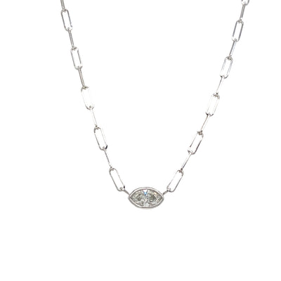 Marquise Shape Diamond Solitaire Necklace with Paperclip Chain in White Gold by B&C