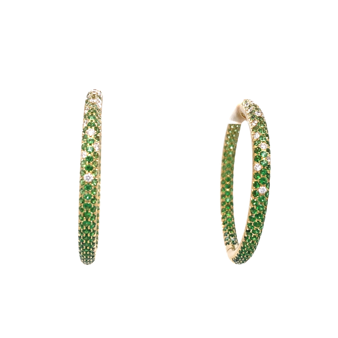ESTATE Robinson Pelham Tsavorite and Diamond Hoops in Yellow Gold