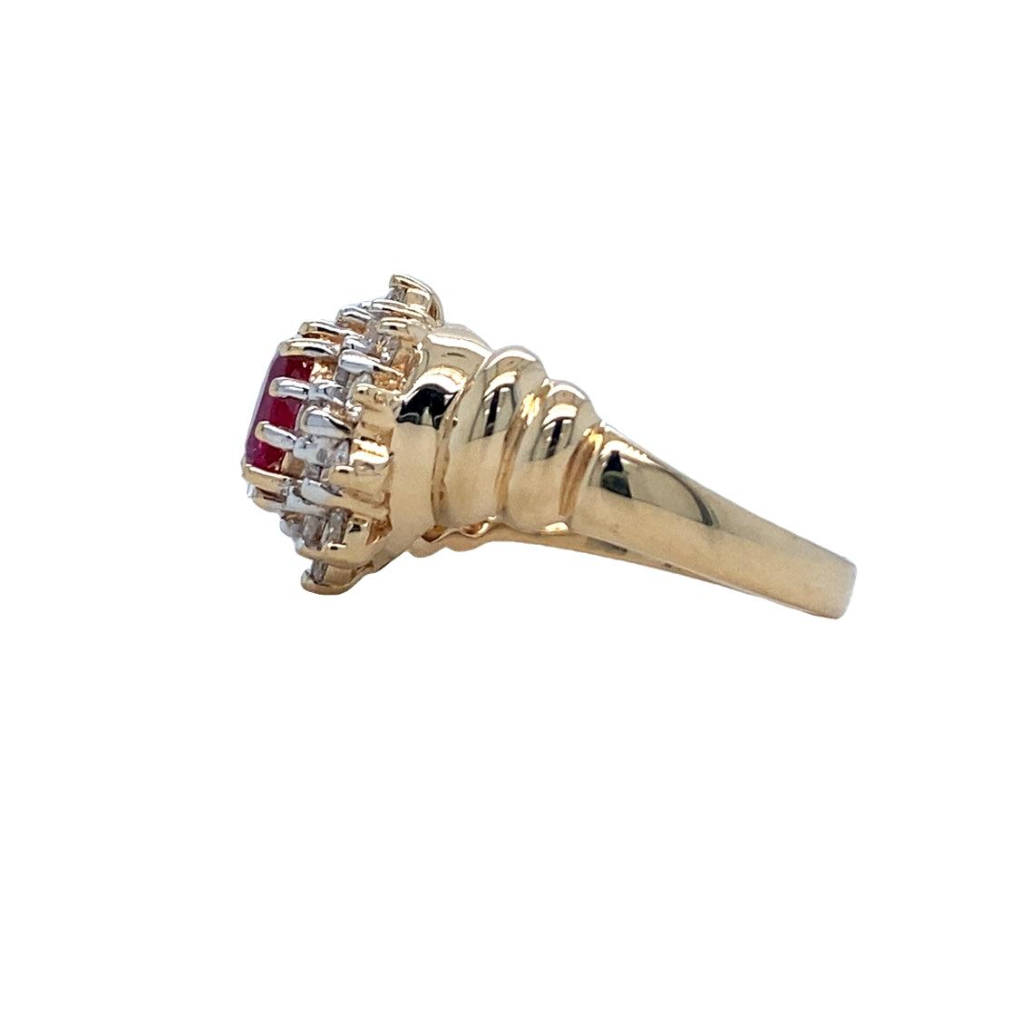 ESTATE Ruby and Diamond Double Halo Ring in Yellow Gold