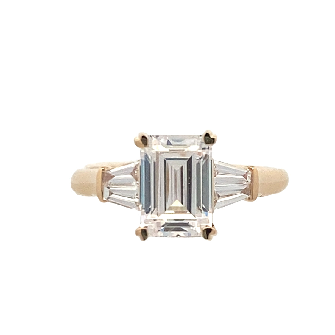 Three Stone Emerald  Cut CZ Engagement Ring in Yellow Gold by Fana