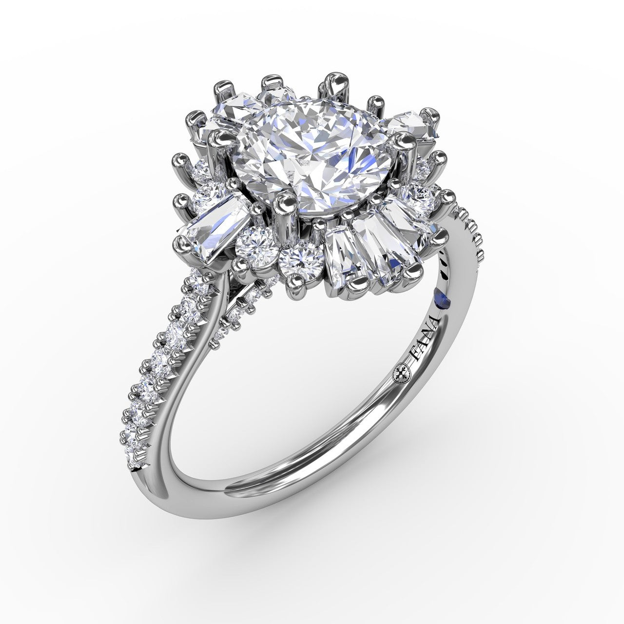 1.5ct Round Engagement Ring with Baguette Halo in White Gold by Fana