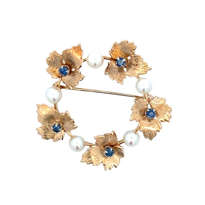 ESTATE Sapphire and Pearl Circle Pin in Yellow Gold
