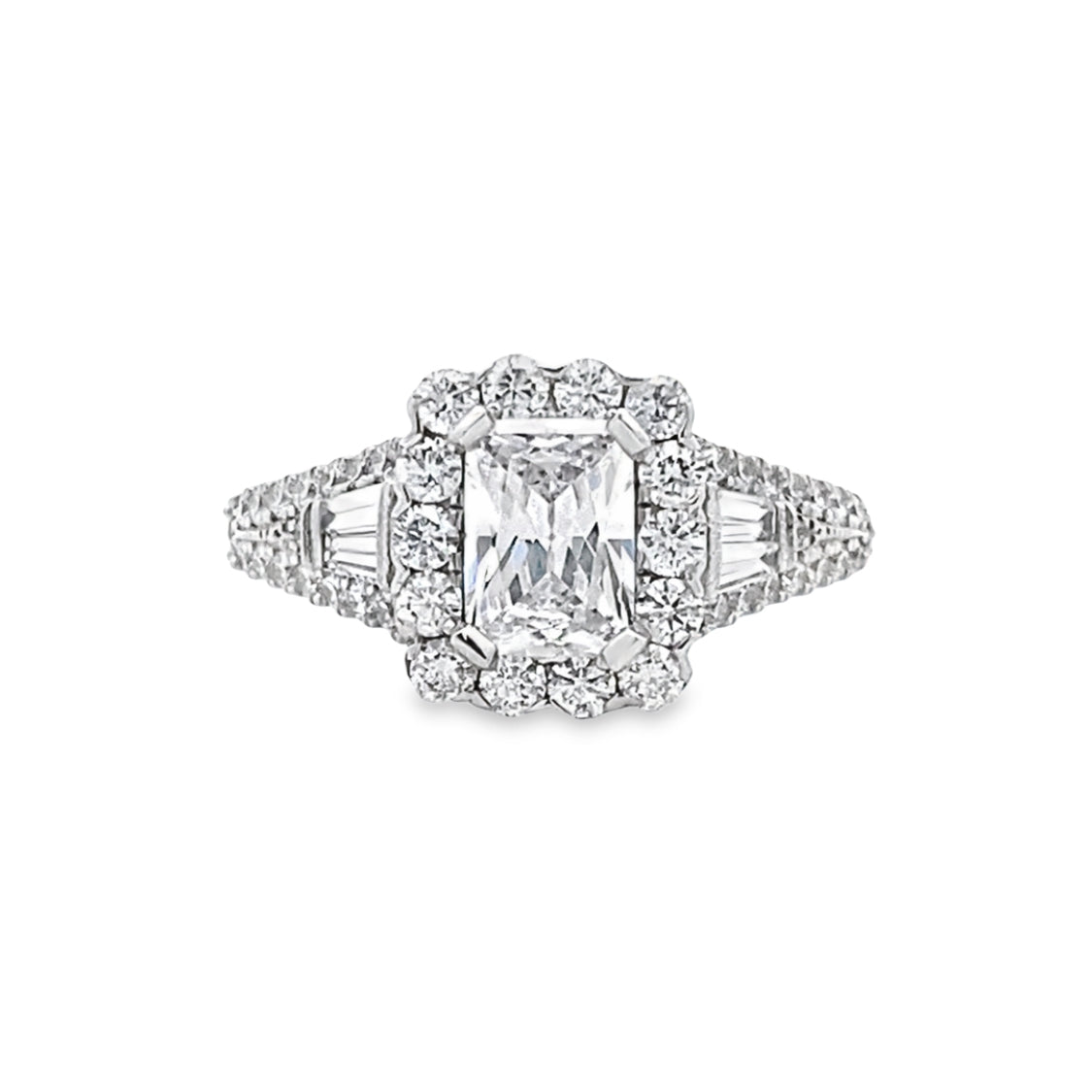 Emerald Cut Diamond Side Stone Engagement Ring in White Gold by B&C