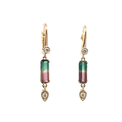 Watermelon Tourmaline & Diamond Dangle Earrings in Yellow Gold by B&C