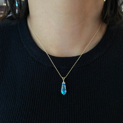 ESTATE Blue Topaz and Diamond Pendant in White Gold