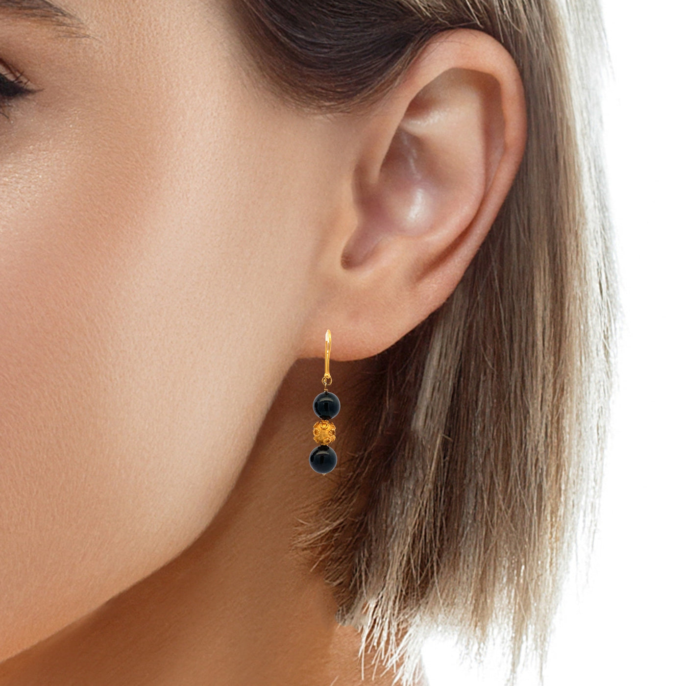 ESTATE Onyx and Gold Bead Drop Earrings in Yellow Gold