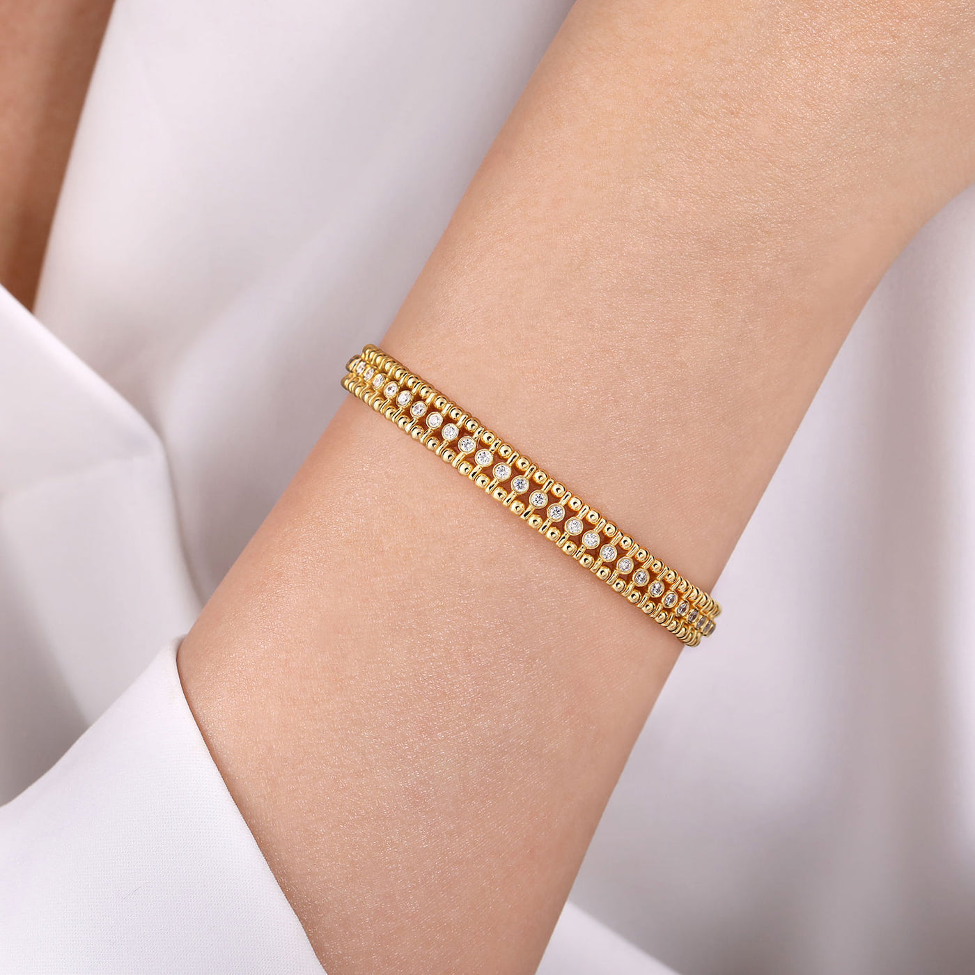 Wide Bujukan Diamond Beaded Bangle in Yellow Gold  by Gabriel & Co.