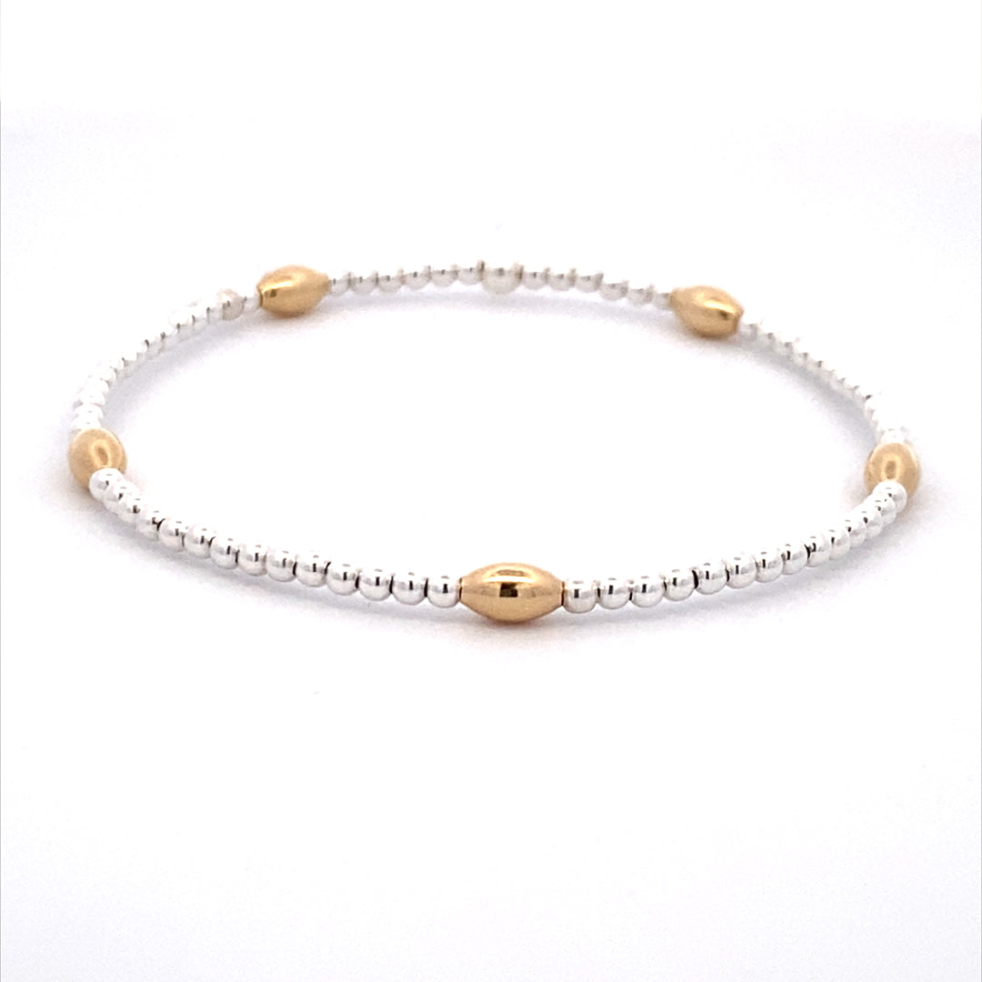 Karen Lazar Stretch 2mm Sterling Silver and Yellow Gold Filled Orzo Beaded Bracelet Size 6