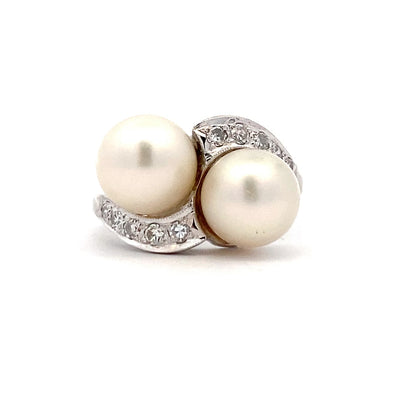 Estate Twist Style Pearl and Diamond Ring in White Gold