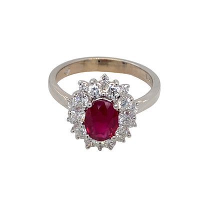 ESTATE Ruby and DIamond Halo Ring in White Gold