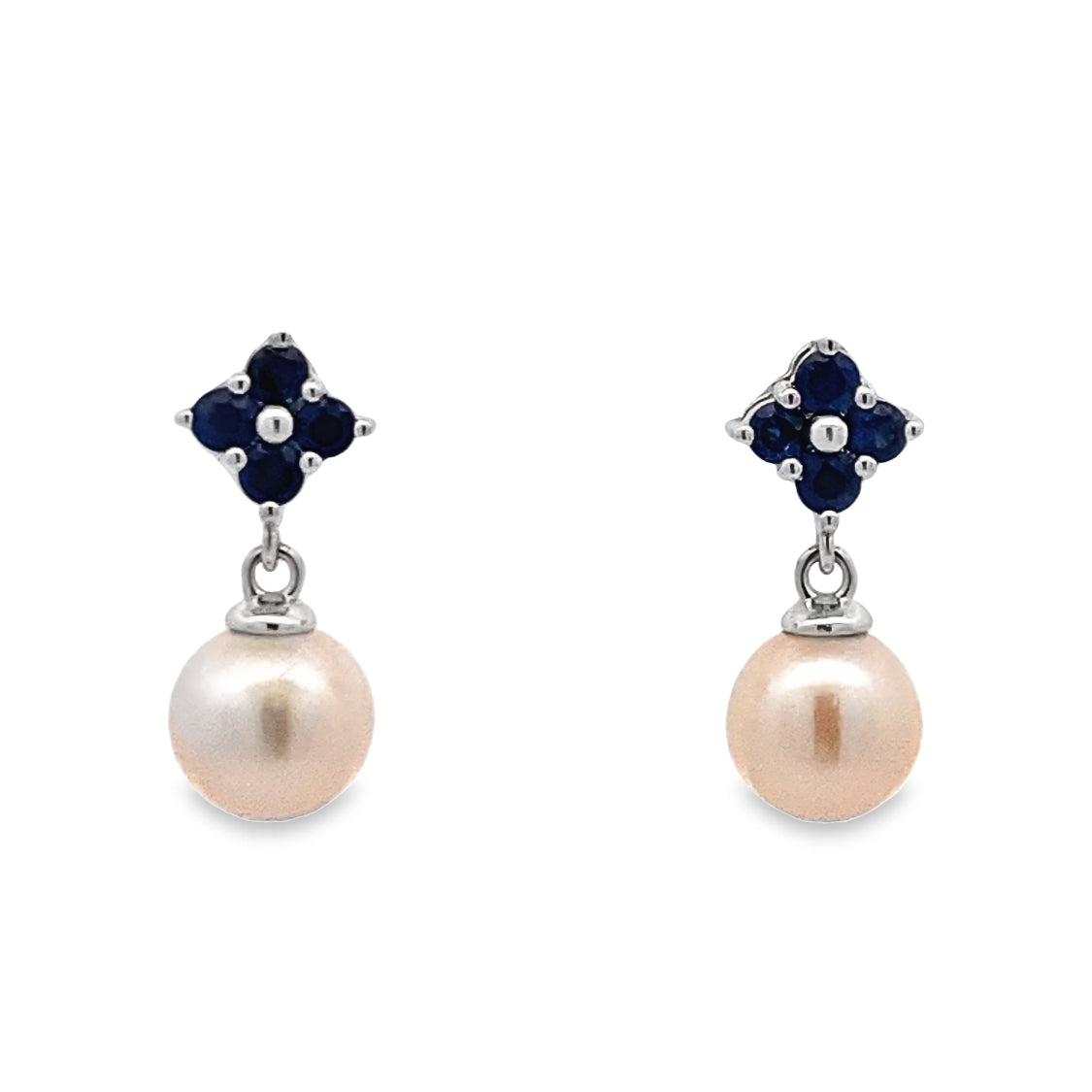 Pearl and Sapphire Drop Earrings in White Gold