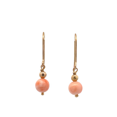 ESTATE Coral Bead Drop Earrings in Yellow Gold