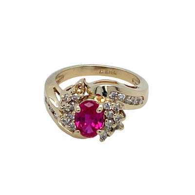 ESTATE Synthetic Ruby and DIamond RIng in Yellow Gold