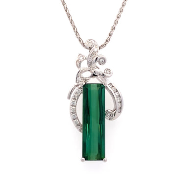 ESTATE Green Tourmaline and Diamond Pendant in White Gold