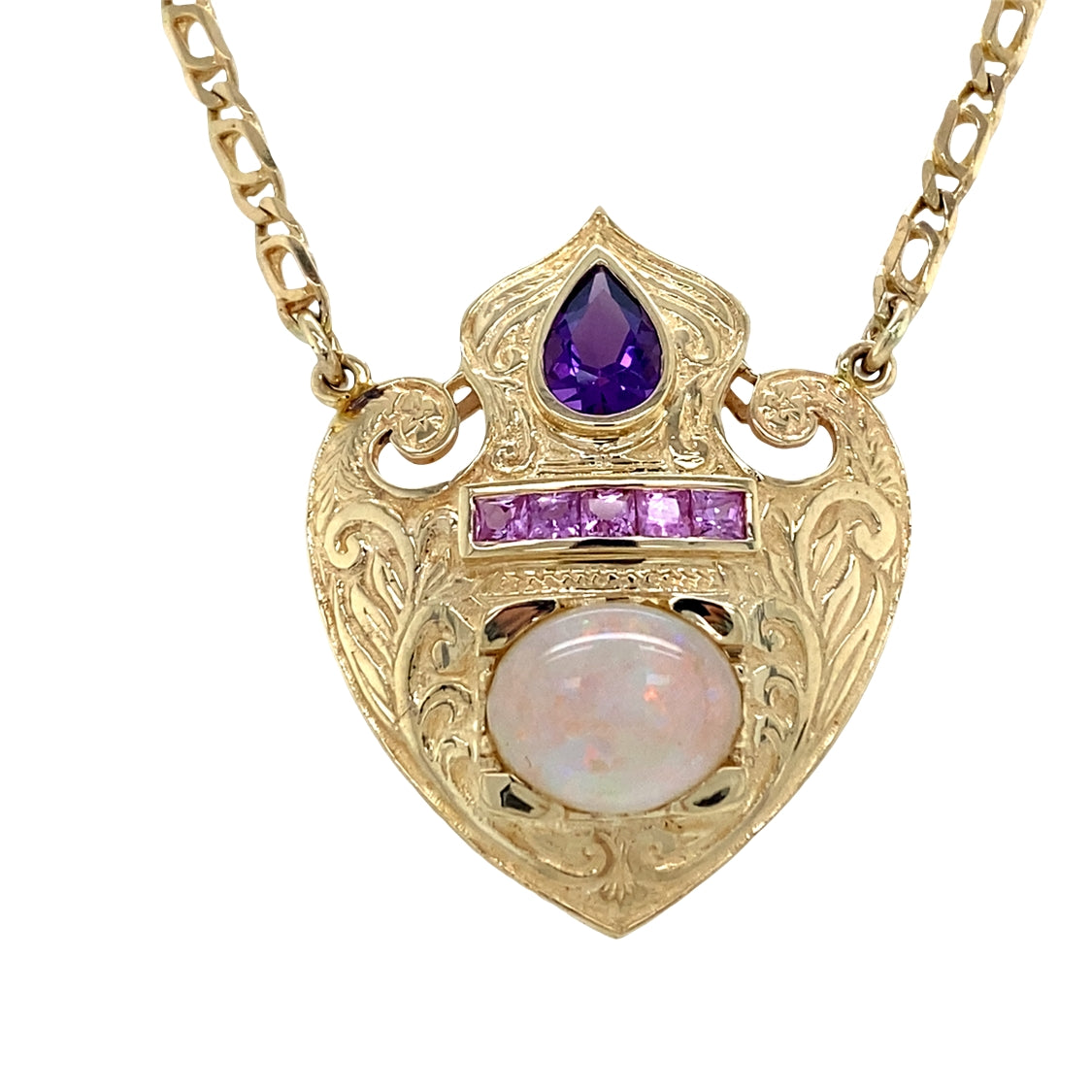 ESTATE Amethyst, Opal and Sapphire Pendant in Yellow Gold