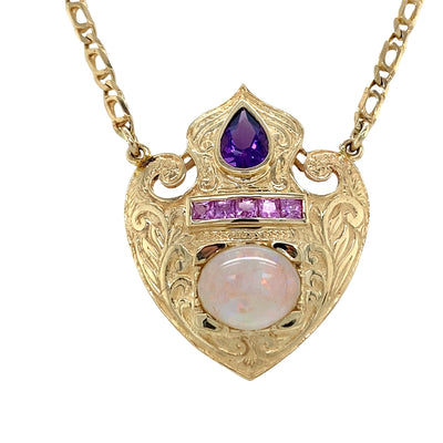 ESTATE Amethyst, Opal and Sapphire Pendant in Yellow Gold