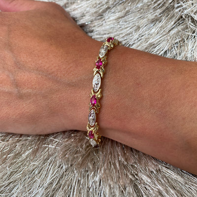 ESTATE Synthetic Ruby and Diamond Bracelet in Two-Tone Gold