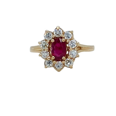 ESTATE Ruby and Diamond Halo Ring in Yellow Gold