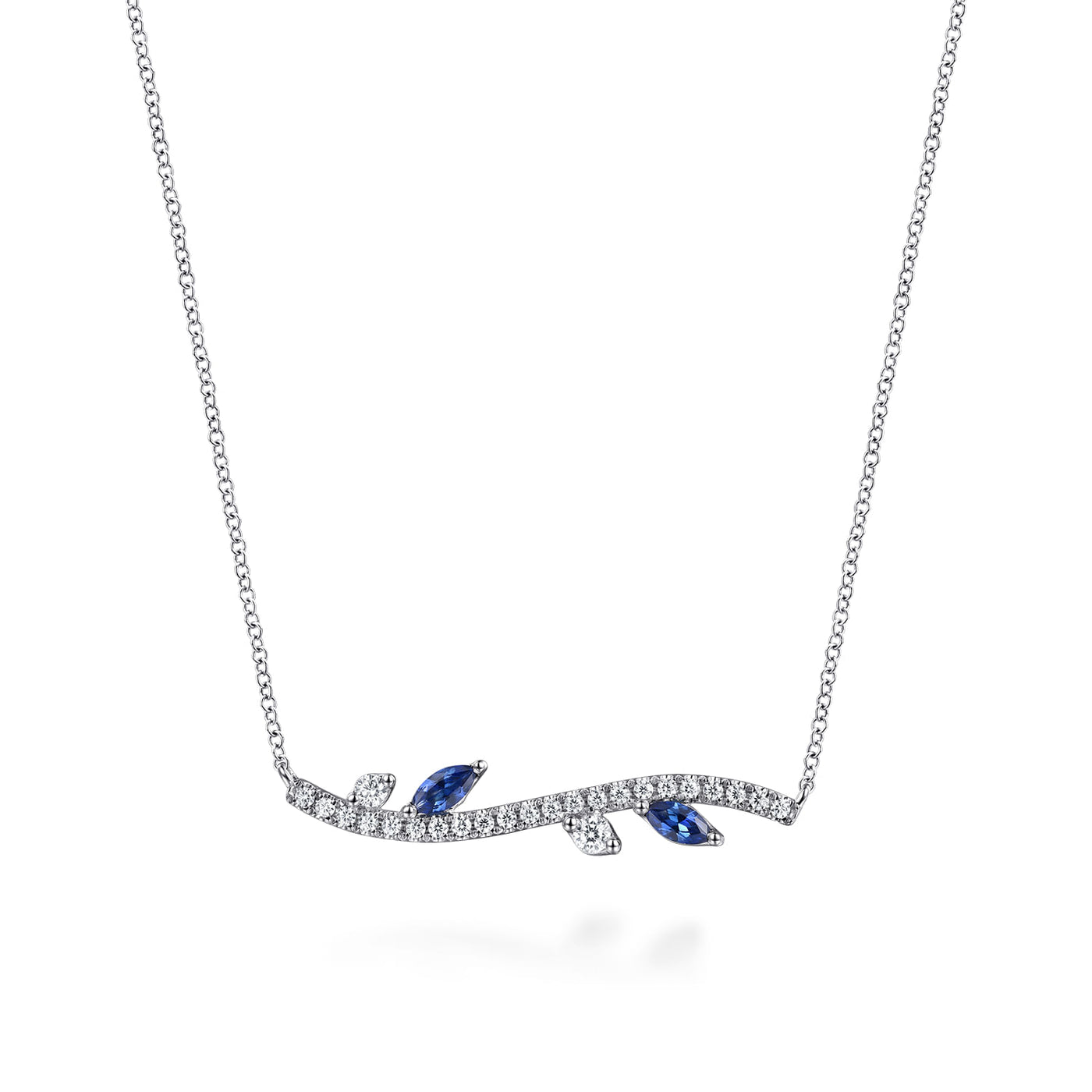 14K White Gold .32CTW Sapphire and .31CTW Diamond Floral Bar Necklace, 17.5" by Gabriel & Co.