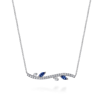 14K White Gold .32CTW Sapphire and .31CTW Diamond Floral Bar Necklace, 17.5" by Gabriel & Co.