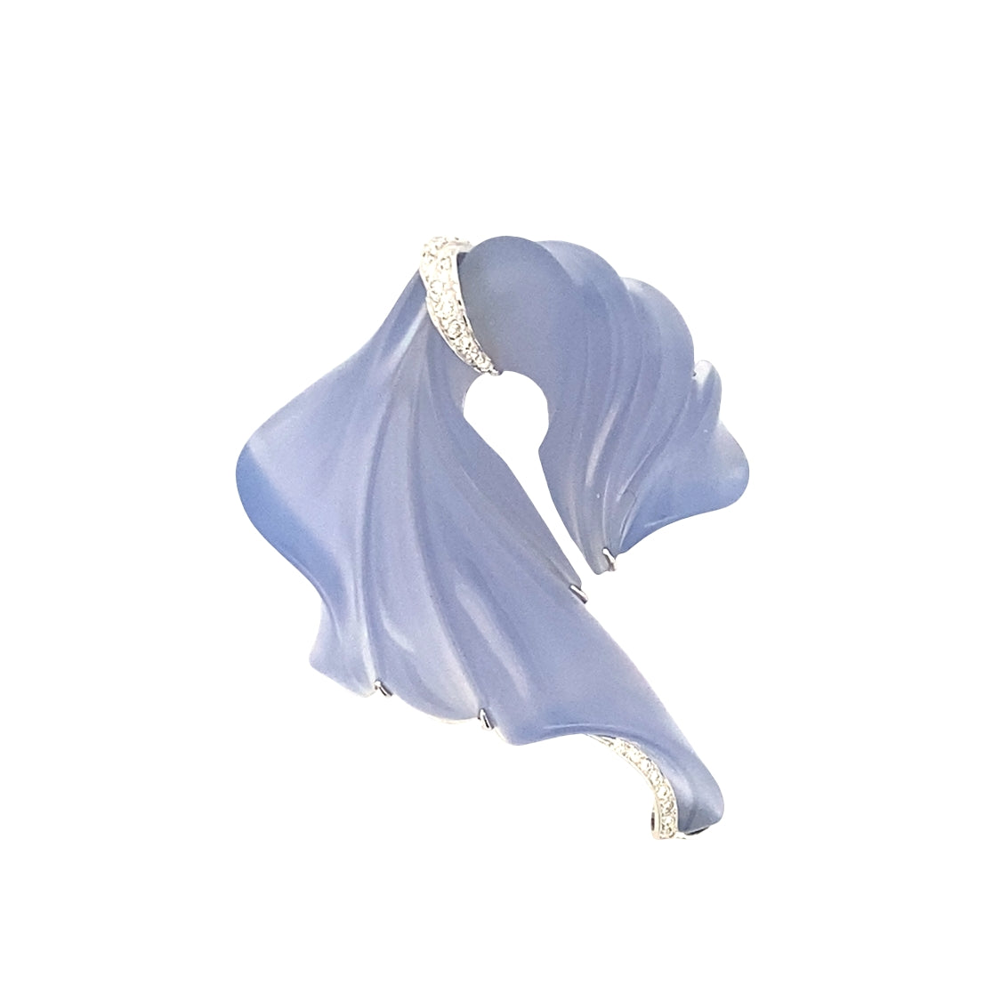 Estate Carved Blue Chalcedony & Diamond Brooch in 18K White Gold