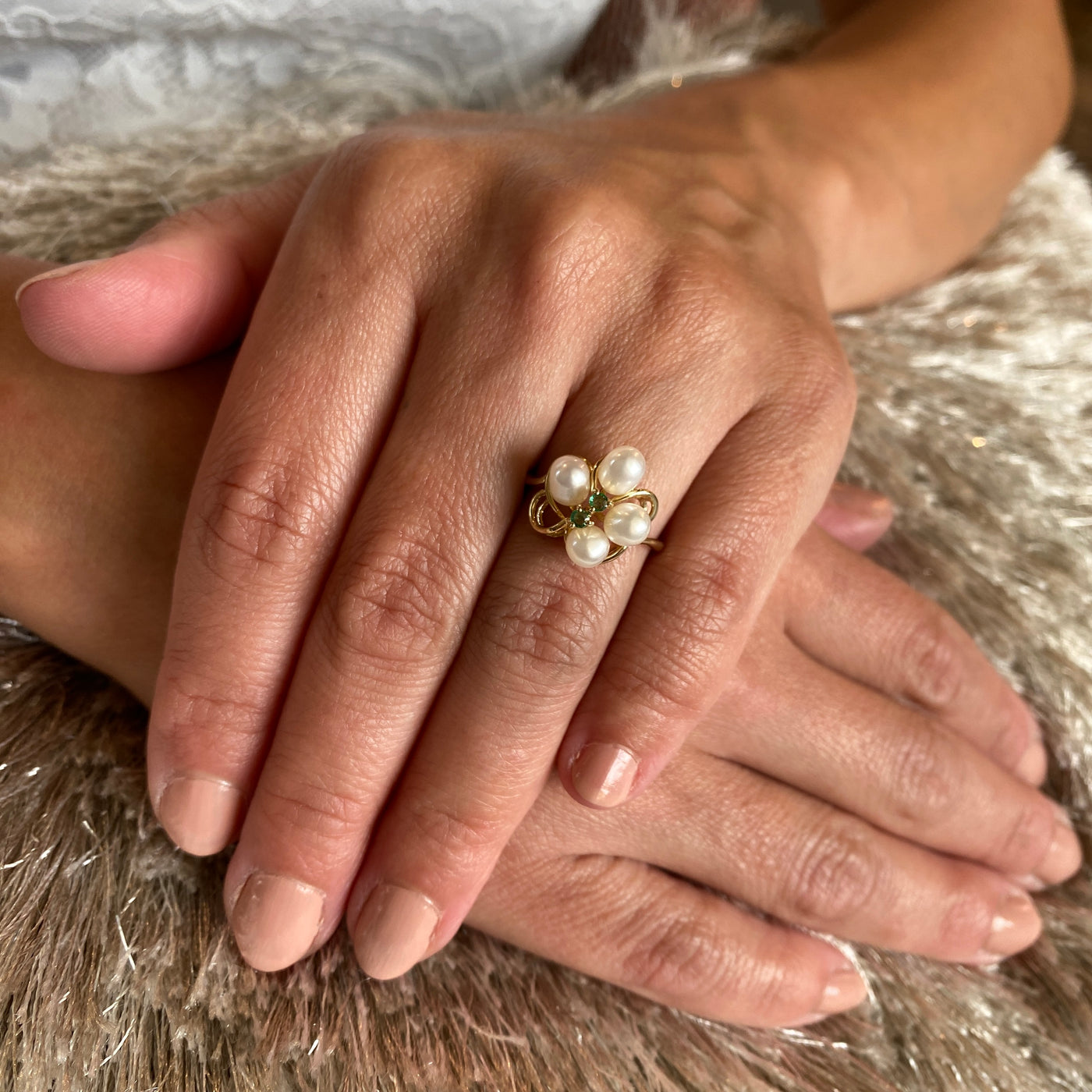 ESTATE Pearl and Emerald Ring in Yellow Gold