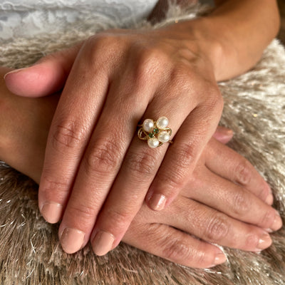 ESTATE Pearl and Emerald Ring in Yellow Gold