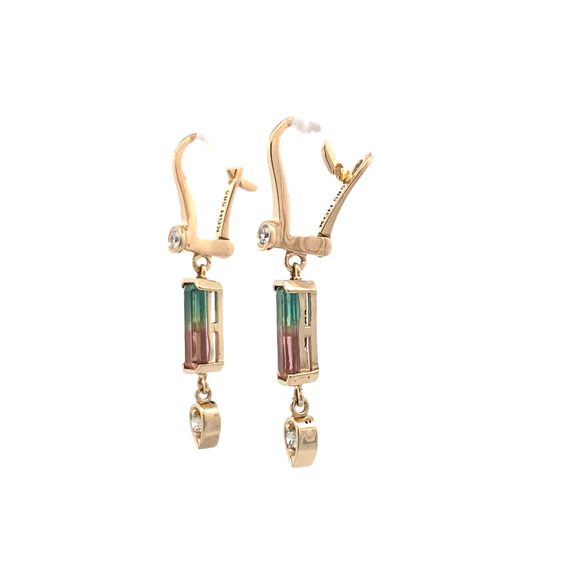 Watermelon Tourmaline & Diamond Dangle Earrings in Yellow Gold by B&C