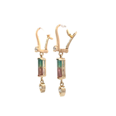 Watermelon Tourmaline & Diamond Dangle Earrings in Yellow Gold by B&C