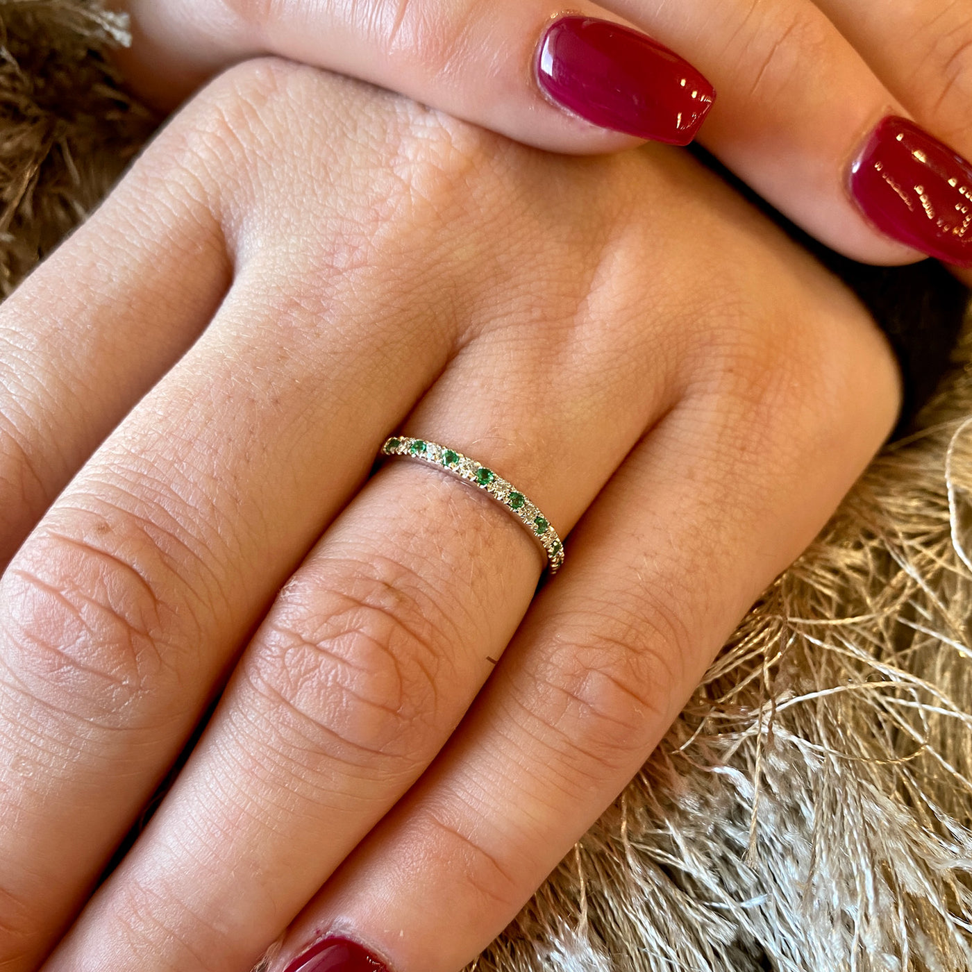 1/4ctw Emerald and Diamond Band in White Gold by B&C